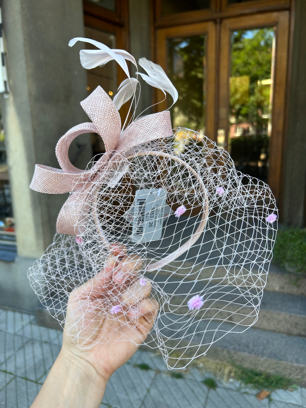 Mc Burn Fascinator with veil and feather Light Pink