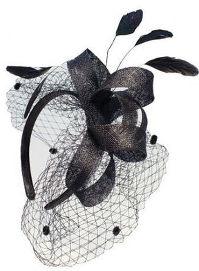 Mc Burn Fascinator with veil and feather Black